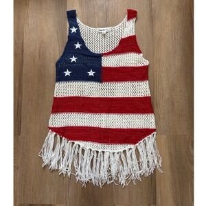 American Flag Crochet Fringe Tank Top Small Red White Blue Stars USA July 4th